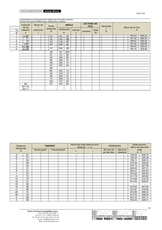 ESTUDI D’ARQUITECTURA Josep Blesa
Edició 2./2016
ESTUDIS PREVIS DE L’ESGLÉSIA DE SANT TOMÀS I SANT FELIP NERI A VALÈNCIA.
PLAÇA DE SANT VICENT FERRER O DE LA CONGREGACIÓ.. VALÈNCIA.
EXP.: 03 / 2015.
- - - -
15 87 801.01 922.50
18 70 792.59 914.81
7 02 789.23 926.20
7 21 787.29 926.30
5 30 784.97 936.26
3 88 787.55 936.68
6 03 794.35 936.53
6 52 794.16 928.86
Distància
Horitzontal
D
TANGENT
Altura del nivell sobre el punt
observat t - m
ORDENADA
Observacions i
càlcul del desnivell
mitjà
X Y
Visual pujant
+
Visual baixant
-
+ -
De l’eix de
gir del visor
Del punt
observat
8 97 795.52 926.75
8 57 794.05 926.08
7 63 792.11 926.12
3 88 812.59 926.92
2 02 815.13 927.95
8 01 824.40 927.31
8 31 824.27 923.63
1 67 815.02 925.54
4 72 811.79 925.60
13 74 814.69 912.78
16 91 814.93 909.57
16 90 - -
16 86 815.62 907.60
6 66 814.87 919.94
28 31 812.89 898.32
28 30 813.70 898.24
5 89 821.32 923.11
5 89 816.44 926.41
40
Estudi d’Arquitectura Josep Blesa s.l.p.u.
Avda. Marqués de Sotelo, 4
Esc.Int., 6, 15 46002, València
Tel. 96 351 01 39 / Fax 96 351 32 30
E-mail: info@josepblesa.com
Web: www.josepblesa.com
Indicació
de les
estacion
s
Altura de
l’
Instrumen
t
Punts
observats
N
ANGLE
LECTURA DE
FILS Generado
r
G
Altura de la mira
- mHoritzontal
∞
Vertical
ɣ
Extrems
Axial
M
error 47 151 32
52 162 69
53 176 07
E7 E6 308 41
816.44;
926.41
57 355 03
58 92 835
61 121 69
62 264 98
361 289 07
66 208 14
67 205 69
68 - -
681 203 10
64 215 13
69 208 01
70 206 18
E8 137 80
E8 E7 337 80
821.32;
923.11
 