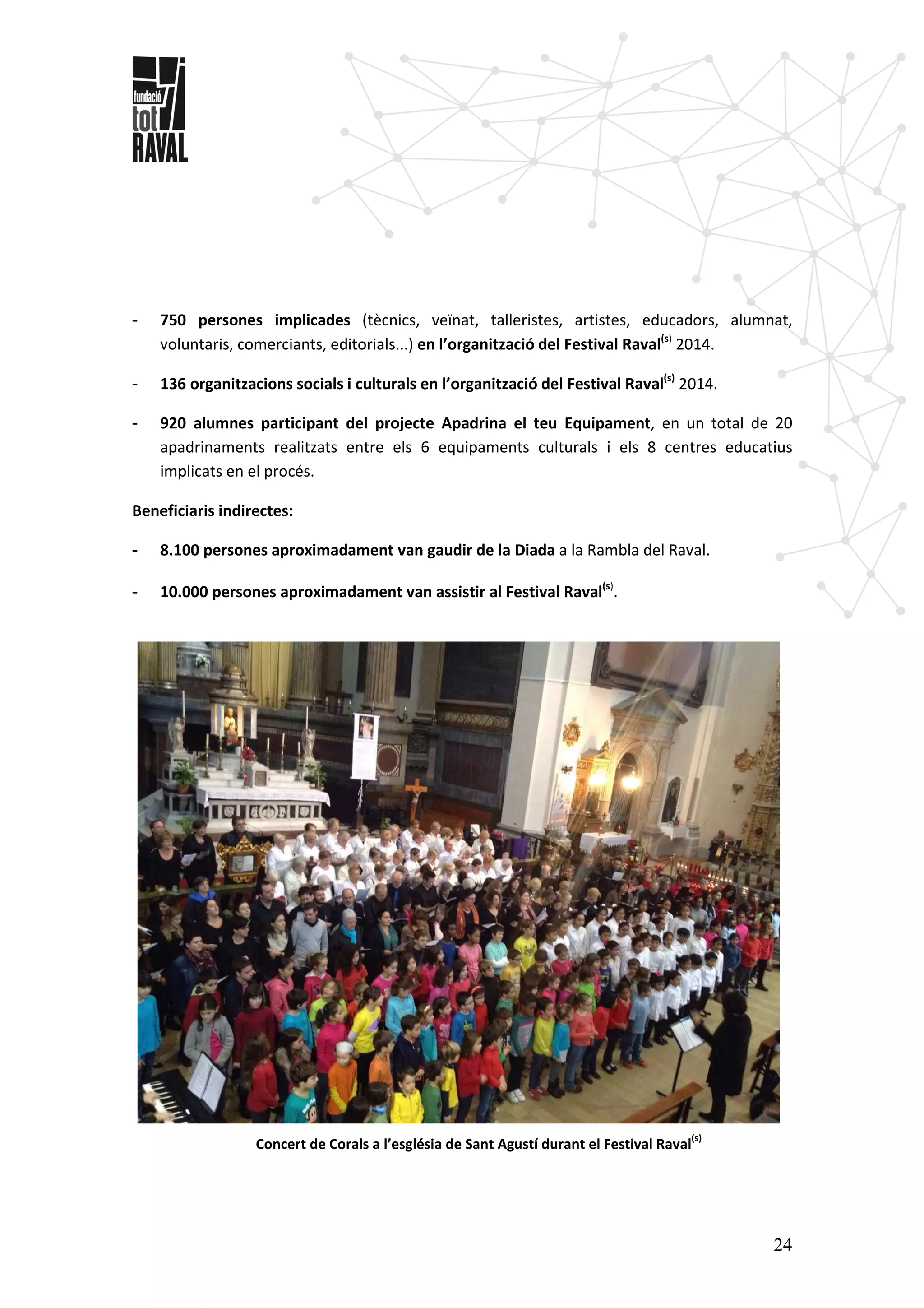 24
- 750 persones implicades (tècnics, veïnat, talleristes, artistes, educadors, alumnat,
voluntaris, comerciants, editorials...) en l’organització del Festival Raval(s)
2014.
- 136 organitzacions socials i culturals en l’organització del Festival Raval(s)
2014.
- 920 alumnes participant del projecte Apadrina el teu Equipament, en un total de 20
apadrinaments realitzats entre els 6 equipaments culturals i els 8 centres educatius
implicats en el procés.
Beneficiaris indirectes:
- 8.100 persones aproximadament van gaudir de la Diada a la Rambla del Raval.
- 10.000 persones aproximadament van assistir al Festival Raval(s)
.
Concert de Corals a l’església de Sant Agustí durant el Festival Raval
(s)
 