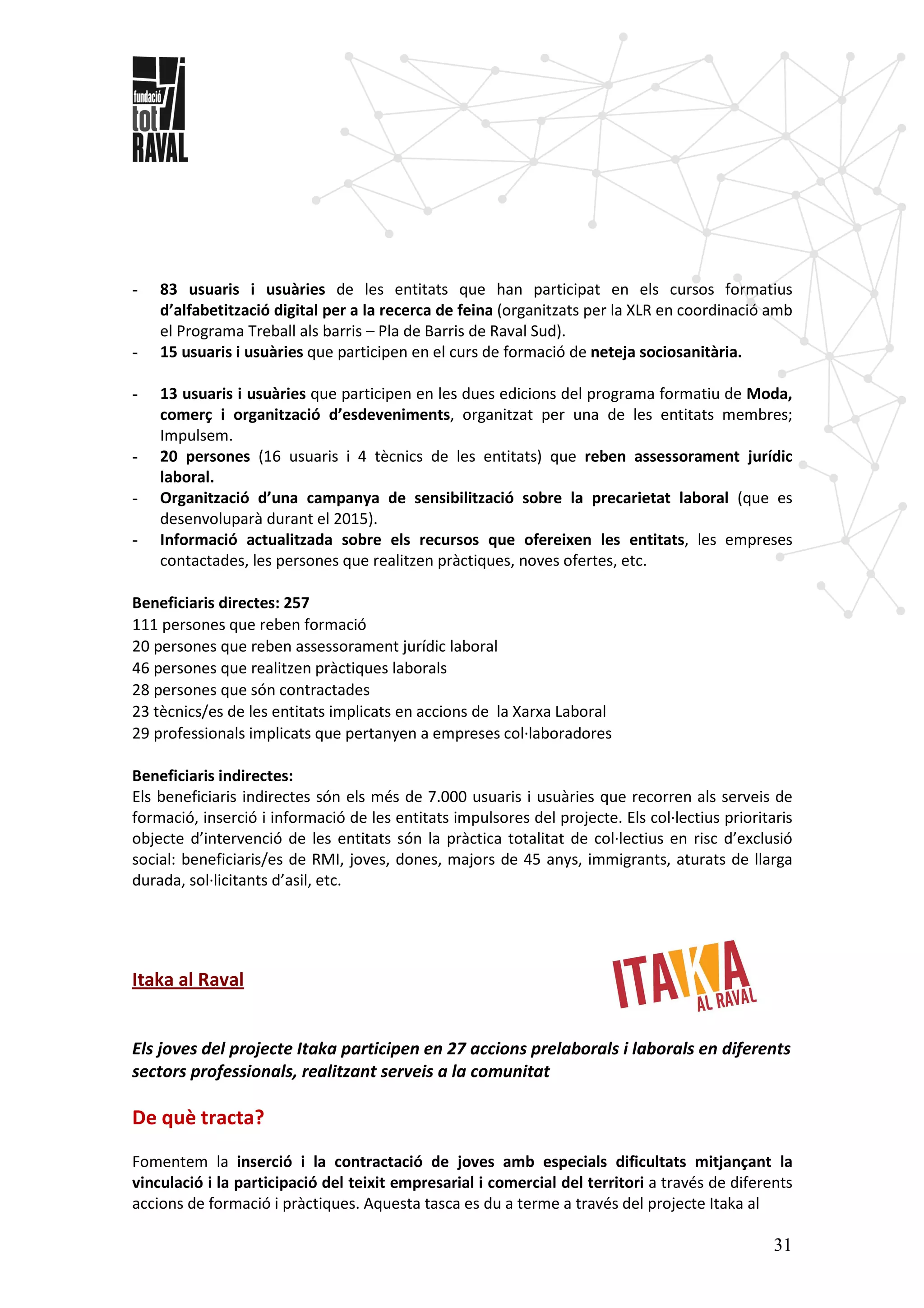 31
- 83 usuaris i usuàries de les entitats que han participat en els cursos formatius
d’alfabetització digital per a la recerca de feina (organitzats per la XLR en coordinació amb
el Programa Treball als barris – Pla de Barris de Raval Sud).
- 15 usuaris i usuàries que participen en el curs de formació de neteja sociosanitària.
- 13 usuaris i usuàries que participen en les dues edicions del programa formatiu de Moda,
comerç i organització d’esdeveniments, organitzat per una de les entitats membres;
Impulsem.
- 20 persones (16 usuaris i 4 tècnics de les entitats) que reben assessorament jurídic
laboral.
- Organització d’una campanya de sensibilització sobre la precarietat laboral (que es
desenvoluparà durant el 2015).
- Informació actualitzada sobre els recursos que ofereixen les entitats, les empreses
contactades, les persones que realitzen pràctiques, noves ofertes, etc.
Beneficiaris directes: 257
111 persones que reben formació
20 persones que reben assessorament jurídic laboral
46 persones que realitzen pràctiques laborals
28 persones que són contractades
23 tècnics/es de les entitats implicats en accions de la Xarxa Laboral
29 professionals implicats que pertanyen a empreses col·laboradores
Beneficiaris indirectes:
Els beneficiaris indirectes són els més de 7.000 usuaris i usuàries que recorren als serveis de
formació, inserció i informació de les entitats impulsores del projecte. Els col·lectius prioritaris
objecte d’intervenció de les entitats són la pràctica totalitat de col·lectius en risc d’exclusió
social: beneficiaris/es de RMI, joves, dones, majors de 45 anys, immigrants, aturats de llarga
durada, sol·licitants d’asil, etc.
Itaka al Raval
Els joves del projecte Itaka participen en 27 accions prelaborals i laborals en diferents
sectors professionals, realitzant serveis a la comunitat
De què tracta?
Fomentem la inserció i la contractació de joves amb especials dificultats mitjançant la
vinculació i la participació del teixit empresarial i comercial del territori a través de diferents
accions de formació i pràctiques. Aquesta tasca es du a terme a través del projecte Itaka al
 