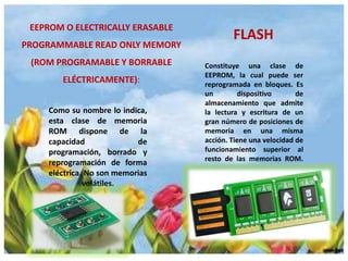 EEPROM O ELECTRICALLY ERASABLE
PROGRAMMABLE READ ONLY MEMORY
(ROM PROGRAMABLE Y BORRABLE
ELÉCTRICAMENTE):
Como su nombre lo indica,
esta clase de memoria
ROM dispone de la
capacidad
de
programación, borrado y
reprogramación de forma
eléctrica. No son memorias
volátiles.

FLASH
Constituye una clase de
EEPROM, la cual puede ser
reprogramada en bloques. Es
un
dispositivo
de
almacenamiento que admite
la lectura y escritura de un
gran número de posiciones de
memoria en una misma
acción. Tiene una velocidad de
funcionamiento superior al
resto de las memorias ROM.

 