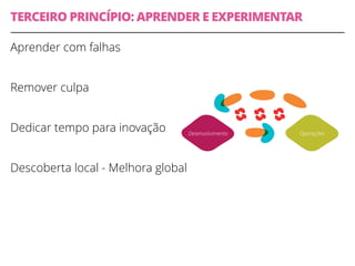 TERCEIRO PRINCÍPIO: APRENDER E EXPERIMENTAR
Aprender com falhas
Remover culpa
Dedicar tempo para inovação
Descoberta local - Melhora global
Desenvolvimento Operações
 
