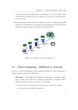 Chapitre 1. Cloud Computing : état de l’art
formes de génération d’applications à la demande. Il s’agit des ASP (Appli-
cation Service Provider) dont les "Software as a Service" sont des dérives :
c’est le FAI 4.0.
• La généralisation des pratiques précédentes, la prise en compte de nouvelles
pratiques et l’intégration des principes que nous présentons dans les sections
suivantes donnent naissance au cloud computing [Fos98].
Figure 1.1: Evolution du cloud computing
1.3 Cloud Computing : Déﬁnition et Concepts
Le terme «Cloud Computing» possède plusieurs déﬁnitions. Nous présentons ci-
dessous quelques-unes de ces déﬁnitions.
1. Microsoft : L’ensemble des disciplines, technologies et modèles commer-
ciaux utilisés pour délivrer des capacités informatiques (logiciels, plates-
formes, matériels), comme un service à la demande.
• Le service à la demande (vous ne payez que ce que vous utilisez).
• Le service est accessible n’importe où.
7
 