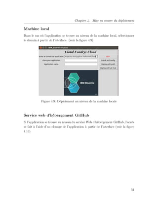 Chapitre 4. Mise en oeuvre du déploiement
Machine local
Dans le cas où l’application se trouve au niveau de la machine local, sélectionner
le chemin à partir de l’interface. (voir la ﬁgure 4.9)
Figure 4.9: Déploiement au niveau de la machine locale
Service web d’hébergement GitHub
Si l’application se trouve au niveau du service Web d’hébergement GitHub, l’accès
se fait à l’aide d’un clonage de l’application à partir de l’interface (voir la ﬁgure
4.10).
51
 