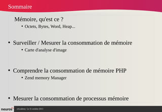 Sommaire

Mémoire, qu'est ce ?
• Octets, Bytes, Word, Heap...

• Surveiller / Mesurer la consommation de mémoire
• Carte d'analyse d'image

• Comprendre la consommation de mémoire PHP
• Zend memory Manager

• Mesurer la consommation de processus mémoire
nAcademy Le 31 octobre 2013

 