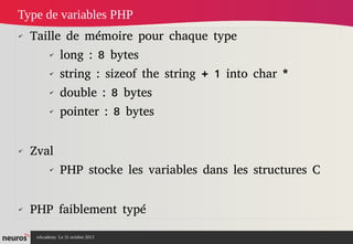 Type de variables PHP
✔

Taille de mémoire pour chaque type
✔
✔

string : sizeof the string + 1 into char *

✔

double : 8 bytes

✔

✔

long : 8 bytes

pointer : 8 bytes

Zval
✔

✔

PHP stocke les variables dans les structures C

PHP faiblement typé
nAcademy Le 31 octobre 2013

 