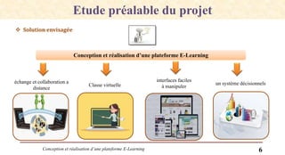 Conception et réalisation d’une plateforme E-Learning 6
Etude préalable du projet
 Solution envisagée
Conception et réalisation d’une plateforme E-Learning
échange et collaboration a
distance
Classe virtuelle
interfaces faciles
à manipuler
un système décisionnels
 
