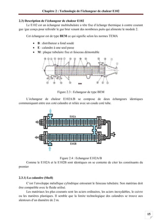 Chapitre 2 : Technologie de l’échangeur de chaleur E102
15
2.3) Description de l’échangeur de chaleur E102
Le E102 est un échangeur multitubulaire a tête fixe d’échange thermique à contre courant
gaz /gaz conçu pour refroidir le gaz brut venant des nombreux puits qui alimente le module 2.
Cet échangeur est de type BEM ce qui signifie selon les normes TEMA
B : distributeur a fond soudé
E : calandre à une seul passe
M : plaque tubulaire fixe et faisceau démontable
Figure 2.3 : Echangeur de type BEM
L’échangeur de chaleur E102A/B se compose de deux échangeurs identiques
communiquant entre eux coté calandre et reliée avec un coude coté tube.
Figure 2.4 : Echangeur E102A/B
Comme le E102A et le E102B sont identiques on se contente de citer les constituants du
premier
2.3.1) La calandre (Shell)
C’est l’enveloppe métallique cylindrique entourant le faisceau tubulaire. Son matériau doit
être compatible avec le fluide utilisé.
Les matériaux les plus courants sont les aciers ordinaires, les aciers inoxydables, le cuivre
ou les matières plastiques. Il semble que la limite technologique des calandres se trouve aux
alentours d’un diamètre de 2 m.
 