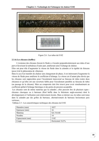 Chapitre 2 : Technologie de l’échangeur de chaleur E102
18
Figure 2.6 : Les tubes du E102
2.3.4) Les chicanes (baffles)
L’existence des chicanes forcent le fluide a s’écouler perpendiculairement aux tubes d’une
part et favorisent la turbulence d’autre part, améliorant ainsi l’échange de chaleur.
Elles ont pour rôle d’augmenter la vitesse du fluide dans la calandre et la rigidité du faisceau
(pour évité le phénomène de vibration).
Dans le cas d’un transfert de chaleur sans changement de phase, il est intéressant d’augmenter la
vitesse de fluide pour améliorer le coefficient d’échange. La vitesse est d’autant plus élevée que
les chicanes sont rapprochées pour l’écoulement transversal au faisceau de tubes (entre deux
chicanes) et qu’elles ont une ouverture faible pour l’écoulement parallèle au faisceau de tubes
(au passage de la chicane). Mais un compromis doit être trouvé pour avoir simultanément un
coefficient global d’échange thermique et des pertes de pression acceptable.
Les chicanes sont de même matériau que la calandre ; elles peuvent être de plusieurs types :
chicanes classiques ou à barreaux (Rod baffle dans la littérature anglo-saxonne) dont le
développement et l’utilisation sont relativement récents. Dans ce dernier cas, les tubes sont tenus
dans la calandre par des grilles de barreaux, alternativement de barreaux horizontaux puis
verticaux.
Tableau 2.3 : Les caractéristiques techniques des chicanes du E102
Diamètre (mm) 1037
Epaisseur (mm) 16
Matériau SA 516-60
Nombre 14
Espacement (mm) 1142
Coupe Horizontal 18,5%
 