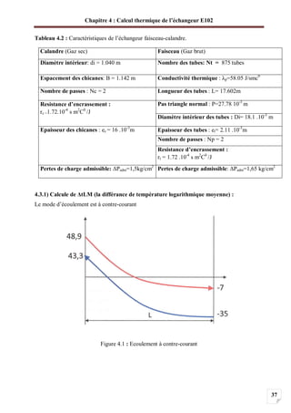 Chapitre 4 : Calcul thermique de l’échangeur E102
37
Tableau 4.2 : Caractéristiques de l’échangeur faisceau-calandre.
Calandre (Gaz sec) Faisceau (Gaz brut)
Diamètre intérieur: di = 1.040 m Nombre des tubes: Nt = 875 tubes
Espacement des chicanes: B = 1.142 m Conductivité thermique : p=58.05 J/smc0
Nombre de passes : Nc = 2 Longueur des tubes : L= 17.602m
Resistance d’encrassement :
rc =1.72.10-4
s m2
C0
/J
Pas triangle normal : P=27.78 10-3
m
Diamètre intérieur des tubes : Di= 18.1 .10-3
m
Epaisseur des chicanes : ec = 16 .10-3
m Epaisseur des tubes : et= 2.11 .10-3
m
Nombre de passes : Np = 2
Resistance d’encrassement :
rt = 1.72 .10-4
s m2
C0
/J
Pertes de charge admissible: Padm=1,5kg/cm2
Pertes de charge admissible: Padm=1,65 kg/cm2
4.3.1) Calcule de tLM (la différance de température logarithmique moyenne) :
Le mode d’écoulement est à contre-courant
Figure 4.1 : Ecoulement à contre-courant
 