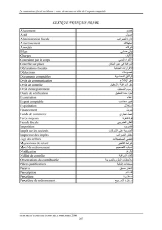 Le contentieux fiscal au Maroc : voies de recours et rôle de l’expert comptable



                              LEXIQUE FRANÇAIS-ARABE

Abattement
Actif                                                                                                 ‫اﺹ ل‬
Administration fiscale                                                                      ‫ا‬         ‫ادارة ا‬
Amortissement                                                                                      ‫ك‬         ‫ا‬
Associés                                                                                              ‫آء‬
Bilan                                                                                                     ‫ن‬
Charges                                                                                                      ‫ﺕ‬
Contrainte par le corps                                                                           ‫ا آ ا ا‬
Contrôle sur place                                                                  ‫ا ن‬                 ‫ا ا‬
Déclarations fiscales                                                                         ‫ا ارات ا‬
Déductions                                                                                      ‫ﻡت‬
Documents comptables                                                                               ‫ا‬         ‫ا‬
Droit de communication                                                                      ‫ع‬           ‫ا‬
Droit de contrôle                                                                        ‫ا ا /ا‬
Droit d'enregistrement                                                                               ‫ر ما‬
Durée de vérification                                                                           ‫أﺝ / ﻡ ة ا‬
Exonération                                                                                             ‫ا ء‬
Expert comptable                                                                                     ‫ﻡ‬
Exploitation                                                                                       ‫ل‬         ‫ا‬
Financement                                                                                              ‫ﺕ ی‬
Fonds de commerce                                                                          ‫اﺹ ﺕ ري‬
Force majeure                                                                                    ‫ة ه ة‬
Fraude fiscale                                                                              ‫ی‬         ‫ا‬      ‫ا‬
Imposition                                                                                             ‫ﺕ ی‬
Impôt sur les societés                                                              ‫ا آت‬              ‫ی‬      ‫ا‬
Inspecteur des impôts                                                                      ‫ا‬         ‫ا‬      ‫ﻡ‬
Juge des référés                                                                      ‫ت‬             ‫ﺽ ا‬
Majorations de retard                                                                              ‫اﻡ ا‬
Motif de redressement                                                                               ‫أ با‬
Notification                                                                                             ‫ﺕ ــ‬
Nullité de contrôle                                                                            ‫إ ءا ا‬
Observations du contribuable                                                      ‫ی‬     ‫تا م‬                ‫ﻡ‬
Pièces justificatives                                                                           ‫ﻡ ات إ‬
Préavis                                                                                            ‫إ رﻡ‬
Prescription                                                                                          ‫ﺕ ـــ دم‬
Procédure                                                                                         ‫ﻡ ــ ة‬
Procédure de redressement                                                                         ‫ةا‬        ‫ﻡ‬




MEMOIRE D’EXPERTISE COMPTABLE NOVEMBRE 2006
                                                      207
 