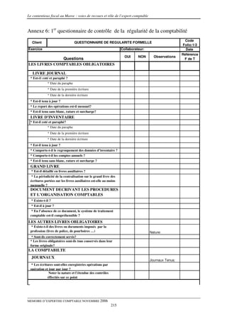 Le contentieux fiscal au Maroc : voies de recours et rôle de l’expert comptable



Annexe 6: 1er questionnaire de contrôle de la régularité de la comptabilité
                                                                                                       Code
   Client                         QUESTIONNAIRE DE REGULARITE FORMELLE
                                                                                                     Folio:1/2
Exercice                                                          Collaborateur:                       Date
                                                                                                     Référence
                                                                    OUI     NON      Observations
              Questions                                                                               F de T
LES LIVRES COMPTABLES OBLIGATOIRES

   LIVRE JOURNAL
 * Est-i1 coté et paraphé ?
             * Date du paraphe
              * Date de la première écriture
              * Date de la dernière écriture
 * Est-il tenu à jour ?
 * Le report des opérations est-il mensuel?
 * Est-il tenu sans blanc, rature et surcharge?
 LIVRE D'INVENTAIRE
 * Est-il coté et paraphé?
              * Date du paraphe
              * Date de la première écriture
              * Date de la dernière écriture
 * Est-il tenu à jour ?
 * Comporte-t-il le regroupement des données d’inventaire ?
 * Comporte-t-il les comptes annuels ?
 * Est-il tenu sans blanc, rature et surcharge ?
 GRAND LIVRE
  * Est-il détaillé en livres auxiliaires ?
  * La périodicité de la centralisation sur le grand livre des
 écritures portées sur les livres auxiliaires est-elle au moins
 mensuelle ?
 DOCUMENT DECRIVANT LES PROCEDURES
 ET L’ORGANISATION COMPTABLES
  * Existe-t-il ?
  * Est-il à jour ?
  * En l’absence de ce document, le système de traitement
 comptable est-il compréhensible ?
LES AUTRES LIVRES OBLIGATOIRES
 * Existe-t-il des livres ou documents imposés par la
 profession (livre de police, de pourboires …)                                     Nature:
  * Sont-ils correctement servis?
 * Les livres obligatoires sont-ils tous conservés dans leur
 forme originale?
LA COMPTABILTE
  JOURNAUX
                                                                                   Journaux Tenus:
  * Les écritures sont-elles enregistrées opérations par
 opération et jour par jour ?
              Noter la nature et l'étendue des contrôles
             éffectiés sur ce point




MEMOIRE D’EXPERTISE COMPTABLE NOVEMBRE 2006
                                                           215
 