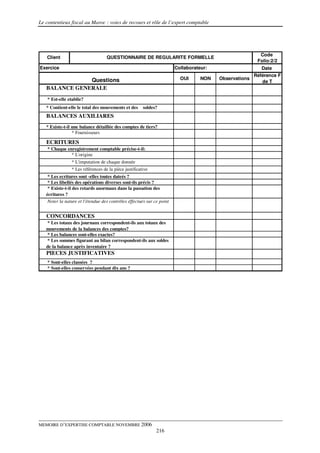 Le contentieux fiscal au Maroc : voies de recours et rôle de l’expert comptable




                                                                                                        Code
   Client                          QUESTIONNAIRE DE REGULARITE FORMELLE
                                                                                                       Folio:2/2
Exercice                                                                Collaborateur:                   Date
                                                                                                      Référence F
               Questions                                                  OUI      NON   Observations
                                                                                                         de T
   BALANCE GENERALE
    * Est-elle etablie?
   * Contient-elle le total des mouvements et des      soldes?
   BALANCES AUXILIARES
   * Existe-t-il une balance détaillée des comptes de tiers?
                 * Fournisseurs

   ECRITURES
    * Chaque enregistrement comptable précise-t-il:
               * L'origine
                * L'imputation de chaque donnée
                * Les références de la pièce justificative
    * Les ecritures sont -elles toutes dateés ?
    * Les libellés des opérations diverses sont-ils précis ?
    * Existe-t-il des retards anormaux dans la passation des
   écritures ?
    Noter la nature et l'étendue des contrôles éffectués sur ce point


   CONCORDANCES
   * Les totaux des journaux correspondent-ils aux totaux des
   mouvements de la balances des comptes?
   * Les balances sont-elles exactes?
   * Les sommes figurant au bilan correspondent-ils aux soldes
   de la balance après inventaire ?
   PIECES JUSTIFICATIVES
    * Sont-elles classées ?
    * Sont-elles conservées pendant dix ans ?




MEMOIRE D’EXPERTISE COMPTABLE NOVEMBRE 2006
                                                              216
 