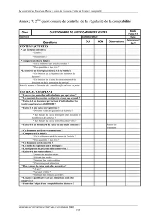 Le contentieux fiscal au Maroc : voies de recours et rôle de l’expert comptable



Annexe 7: 2ème questionnaire de contrôle de la régularité de la comptabilité

                                                                                                            Code
  Client                         QUESTIONNAIRE DE JUSTIFICATION DES VENTES
                                                                                                          Folio:1/1
Exercice                                                              Collaborateur:                        Date
                                                                                                         Référence F
             Questions                                                   OUI       NON    Observations
                                                                                                            de T
VENTES FACTUREES
 * Les factures sont-elles :
             * Datées ?
              * Numérotées ?
 * Comportent-elles le détail :
           * De la référence des articles vendus ?
           * Des quantités et des prix ?
 *Le contrôle de l'enregistrement a-t-il été vérifié :
              * En fonction de la séquence des numéros de
             factures?
              * En fonction de la date de rattachement de la
             livraison ou de la prestation de service?
Noter la nature et l'etendue des contrôles effectués sur ce point

VENTES AU COMPTANT
  * Les recettes sont-elles individualisées par opération ?
  * Le montant des recettes est-il précis et non pas arrondi ?
  * Existe-t-il un document permettant d'individualiser les
 recettes supérieures à 20,000 DH ?
  * Existe-t-il une caisse enregistreuse ?
              * Présente-t-elle des garanties de fiabilité ?
               * Les bandes de caisse distingent-elles la nature et
             la référence des articles ?
               * Les bandes de caisse sont-elles conservées ?
  * Existe-t-il un brouillard de caisse ou une main courante ?                           Nature du
                                                                                         document
  * Ce document est-il correctement tenu ?
  * Comporte-t-il le détail :
            * De la références et de la nature de l'article ?
              * Des quantités et des prix ?
  * Ce document est-il conservé ?
  * Le mode de reglement est-il distingué ?
  * Les étiquettes de prix sont-elles conservées ?
  * Existe-t-il des ventes soldées?
              * Nature des articles soldés
              * Période des soldes
              * Montant des ventes soldées
              * Pourcentages de réduction
  * Des remises de caisse sont-elles accordées ?
              * A qui ?
              * Sur quel critère ?
              * Montant des remises accordées
  * Les pièces justificatives de ces réductions sont-elles
 conservées ?
  * Font-elles l'objet d'une comptabilisation distincte ?




MEMOIRE D’EXPERTISE COMPTABLE NOVEMBRE 2006
                                                                217
 