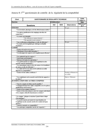 Le contentieux fiscal au Maroc : voies de recours et rôle de l’expert comptable



Annexe 8: 3ème questionnaire de contrôle de la régularité de la comptabilité

                                                                                                                    Code
     Client                             QUESTIONNAIRE DE REGULARITE TECHNIQUE
                                                                                                                  Folio:1/1
Exercice                                                               Collaborateur:                               Date
                                                                                                                 Référence F
                          Questions                                       OUI       NON      Observations
                                                                                                                    de T
STOCKS                                                                                    Par qui :
       * Un inventaire physique a-t-il été effectivement réalisé ?
        * Les pièces justificatives du comptage ont-elles été
       conservées ?
       * Le stock est-il détaillé :
                    * Par référence et nature d'article ?
                    * Par quantités et prix unitaire ?
       * Une vérification arithmétique a-t-elle été effectuée ?                           Par qui :
       * Le stock est-il récapitulé par rubrique ou famille
       d'articles ?
CAISSE
       * Existe-t-il un livre de caisse ?
       * Mentionne-t-il un solde journalier ?
       * Un décompte des espèces est-il régulièrement effectué ?

        * Ne contient-il que les espèces ?
        * Est-il tenu correctement ?
        * Retrace-t-il toutes les opérations ?
        * Les prélèvements en espèces de l'exploitant ou des
       associés sont-ils mentionnés ?
        * La concordance entre le livre de caisse et le brouillard
       de caisse a-t-elle été effectuée ?
        * Le solde du livre de caisse est-il conforme au solde
       figurant en comptabilité ?
        * Existe-t-il des soldes créditeurs ?                                             Nombre et Montant de
                                                                                          ces soldes

        * Les exploitants ou les associés ont-ils fait des apports à                      Dates et Montants
       la caisse ?
JUSTIFICATION DES AUTRES COMPTES
       * Tous les comptes de bilan sont-ils justifiés ?
       * le Rapprochement des soldes comptables avec les pièces
       justificatives est-il correct ?
       * Existe-t-il un compte d'attente ?
       * Existe-t-il des discordances entre les comptes individuels
       et les comptes collectifs fournisseurs et clients ?

       * Le compte "chèques à encaisser"peut-il faire l'objet
       d'un pointage ?
       * Les prélèvements personnels de marchandises de
       l'exploitant ou des associés ont-ils été evalués de façon
       précise ?
        * Sont-ils constatés en comptabilité ?
        * Les principes comptables ont-ils été respectés ?




MEMOIRE D’EXPERTISE COMPTABLE NOVEMBRE 2006
                                                             218
 