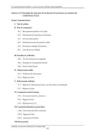 Le contentieux fiscal au Maroc : voies de recours et rôle de l’expert comptable



Annexe 12: Exemple de structure d’un dossier d’assistance en matière de
           contentieux fiscal

Section : Contentieux fiscal

    I-   Note de synthèse

    II- Prise de connaissance

         - II-1.   Renseignements généraux sur le client

         - II-2.   Déroulement de la procédure de vérification

         - II-3.   Suivi des redressements

         - II-4.   Déclarations fiscales de la période vérifiée

         - II-5.   Documents comptables de la période

         - II-6.   Lettre de mission / Mandat


    III- Procédure de vérification

         - III-1. Avis de vérification de comptabilité

         - III-2. Demandes de renseignements diverses

         - III-3. Procès verbaux dressés

    IV- Redressements notifiés

         - IV-1. Notification de redressement

         - IV-2. Réponse du client

    V- Redressements confirmés

         - V-1.    Réponse de l’administration fiscale aux observations du contribuable

         - V-2.    Réponse du client

    VI- Commission Locale de taxation

         - VI-1. Convocation devant la commission

         - VI-2. Rapport du client

         - VI-3. Décision de la C.L.T.

    VII- Commission Nationale de recours fiscal

         - VII-1. Convocation devant la commission

         - VII-2. Rapport du client

         - VII-3. Décision de la C.N.R.F.

    VIII- Recouvrement


MEMOIRE D’EXPERTISE COMPTABLE NOVEMBRE 2006
                                                         223
 