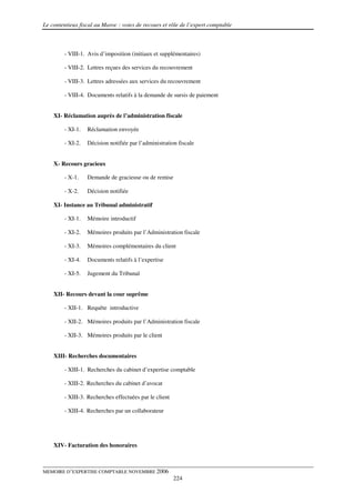 Le contentieux fiscal au Maroc : voies de recours et rôle de l’expert comptable



        - VIII-1. Avis d’imposition (initiaux et supplémentaires)

        - VIII-2. Lettres reçues des services du recouvrement

        - VIII-3. Lettres adressées aux services du recouvrement

        - VIII-4. Documents relatifs à la demande de sursis de paiement


    XI- Réclamation auprès de l’administration fiscale

        - XI-1.   Réclamation envoyée

        - XI-2.   Décision notifiée par l’administration fiscale


    X- Recours gracieux

        - X-1.    Demande de gracieuse ou de remise

        - X-2.    Décision notifiée

    XI- Instance au Tribunal administratif

        - XI-1.   Mémoire introductif

        - XI-2.   Mémoires produits par l’Administration fiscale

        - XI-3.   Mémoires complémentaires du client

        - XI-4.   Documents relatifs à l’expertise

        - XI-5.   Jugement du Tribunal


    XII- Recours devant la cour suprême

        - XII-1. Requête introductive

        - XII-2. Mémoires produits par l’Administration fiscale

        - XII-3. Mémoires produits par le client


    XIII- Recherches documentaires

        - XIII-1. Recherches du cabinet d’expertise comptable

        - XIII-2. Recherches du cabinet d’avocat

        - XIII-3. Recherches effectuées par le client

        - XIII-4. Recherches par un collaborateur




    XIV- Facturation des honoraires



MEMOIRE D’EXPERTISE COMPTABLE NOVEMBRE 2006
                                                        224
 