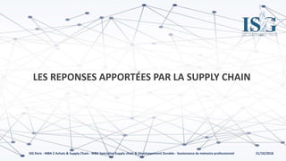 21/10/2018ISG Paris - MBA 2 Achats & Supply Chain - MBA Spécialisé Supply chain & Développement Durable - Soutenance de mémoire professionnel
LES REPONSES APPORTÉES PAR LA SUPPLY CHAIN
 