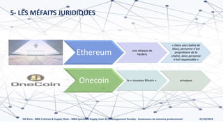 21/10/2018ISG Paris - MBA 2 Achats & Supply Chain - MBA Spécialisé Supply chain & Développement Durable - Soutenance de mémoire professionnel
5- LES MÉFAITS JURIDIQUES
Ethereum une attaque de
hackers
« Dans une chaîne de
blocs, personne n'est
propriétaire de la
chaîne, donc personne
n'est responsable »
Onecoin le « nouveau Bitcoin ». arnaques
 