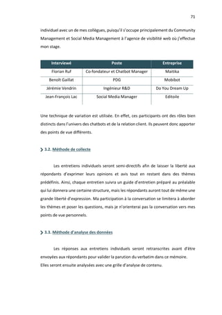 71
individuel avec un de mes collègues, puisqu’il s’occupe principalement du Community
Management et Social Media Management à l’agence de visibilité web où j’effectue
mon stage.
Interviewé Poste Entreprise
Florian Ruf Co-fondateur et Chatbot Manager Maitika
Benoît Gaillat PDG Mobibot
Jérémie Vendrin Ingénieur R&D Do You Dream Up
Jean-François Lac Social Media Manager Editoile
Une technique de variation est utilisée. En effet, ces participants ont des rôles bien
distincts dans l’univers des chatbots et de la relation client. Ils peuvent donc apporter
des points de vue différents.
3.2. Méthode de collecte
Les entretiens individuels seront semi-directifs afin de laisser la liberté aux
répondants d’exprimer leurs opinions et avis tout en restant dans des thèmes
prédéfinis. Ainsi, chaque entretien suivra un guide d’entretien préparé au préalable
qui lui donnera une certaine structure, mais les répondants auront tout de même une
grande liberté d’expression. Ma participation à la conversation se limitera à aborder
les thèmes et poser les questions, mais je n’orienterai pas la conversation vers mes
points de vue personnels.
3.3. Méthode d’analyse des données
Les réponses aux entretiens individuels seront retranscrites avant d’être
envoyées aux répondants pour valider la parution du verbatim dans ce mémoire.
Elles seront ensuite analysées avec une grille d’analyse de contenu.
 