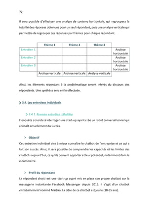 72
Il sera possible d’effectuer une analyse de contenu horizontale, qui regroupera la
totalité des réponses obtenues pour un seul répondant, puis une analyse verticale qui
permettra de regrouper ces réponses par thèmes pour chaque répondant.
Thème 1 Thème 2 Thème 3
Entretien 1 Analyse
horizontale
Entretien 2 Analyse
horizontale
Entretien 3 Analyse
horizontale
Analyse verticale Analyse verticale Analyse verticale
Ainsi, les éléments répondant à la problématique seront inférés du discours des
répondants. Une synthèse sera enfin effectuée.
3.4. Les entretiens individuels
3.4.1. Premier entretien : Maitika
L’enquête consiste à interroger une start-up ayant créé un robot conversationnel qui
connaît actuellement du succès.
Ø Objectif
Cet entretien individuel vise à mieux connaître le chatbot de l’entreprise et ce qui a
fait son succès. Ainsi, il sera possible de comprendre les capacités et les limites des
chatbots aujourd’hui, ce qu’ils peuvent apporter et leur potentiel, notamment dans le
e-commerce.
Ø Profil du répondant
Le répondant choisi est une start-up ayant mis en place son propre chatbot sur la
messagerie instantanée Facebook Messenger depuis 2016. Il s’agit d’un chatbot
entertainement nommé Maitika. La cible de ce chatbot est jeune (18-35 ans).
 