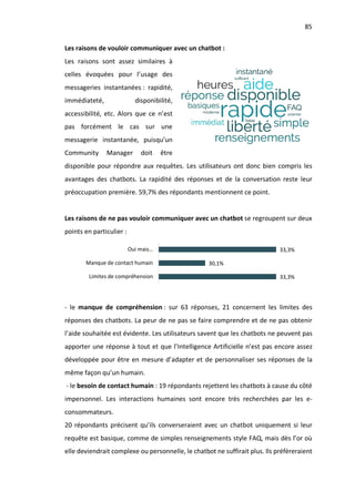 85
Les raisons de vouloir communiquer avec un chatbot :
Les raisons sont assez similaires à
celles évoquées pour l’usage des
messageries instantanées : rapidité,
immédiateté, disponibilité,
accessibilité, etc. Alors que ce n’est
pas forcément le cas sur une
messagerie instantanée, puisqu’un
Community Manager doit être
disponible pour répondre aux requêtes. Les utilisateurs ont donc bien compris les
avantages des chatbots. La rapidité des réponses et de la conversation reste leur
préoccupation première. 59,7% des répondants mentionnent ce point.
Les raisons de ne pas vouloir communiquer avec un chatbot se regroupent sur deux
points en particulier :
- le manque de compréhension : sur 63 réponses, 21 concernent les limites des
réponses des chatbots. La peur de ne pas se faire comprendre et de ne pas obtenir
l’aide souhaitée est évidente. Les utilisateurs savent que les chatbots ne peuvent pas
apporter une réponse à tout et que l’Intelligence Artificielle n’est pas encore assez
développée pour être en mesure d’adapter et de personnaliser ses réponses de la
même façon qu’un humain.
- le besoin de contact humain : 19 répondants rejettent les chatbots à cause du côté
impersonnel. Les interactions humaines sont encore très recherchées par les e-
consommateurs.
20 répondants précisent qu’ils converseraient avec un chatbot uniquement si leur
requête est basique, comme de simples renseignements style FAQ, mais dès l’or où
elle deviendrait complexe ou personnelle, le chatbot ne suffirait plus. Ils préfèreraient
33,3%
30,1%
33,3%
Limites de compréhension
Manque de contact humain
Oui mais…
 