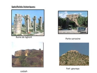 Spécificités historiques:
Ruine de tighzirt
casbah
Fort  gouraya
Porte sarrasine
 