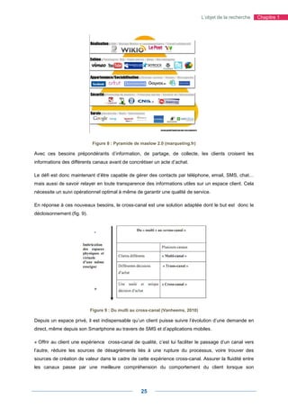 L’objet de la recherche   Chapitre 1




                             Figure 8 : Pyramide de maslow 2.0 (marqueting.fr)

Avec ces besoins prépondérants d’information, de partage, de collecte, les clients croisent les
informations des différents canaux avant de concrétiser un acte d’achat.

Le défi est donc maintenant d’être capable de gérer des contacts par téléphone, email, SMS, chat…
mais aussi de savoir relayer en toute transparence des informations utiles sur un espace client. Cela
nécessite un suivi opérationnel optimal à même de garantir une qualité de service.

En réponse à ces nouveaux besoins, le cross-canal est une solution adaptée dont le but est donc le
décloisonnement (fig. 9).




                            Figure 9 : Du multi au cross-canal (Vanheems, 2010)

Depuis un espace privé, il est indispensable qu’un client puisse suivre l’évolution d’une demande en
direct, même depuis son Smartphone au travers de SMS et d’applications mobiles.

« Offrir au client une expérience cross-canal de qualité, c’est lui faciliter le passage d’un canal vers
l’autre, réduire les sources de désagréments liés à une rupture du processus, voire trouver des
sources de création de valeur dans le cadre de cette expérience cross-canal. Assurer la fluidité entre
les canaux passe par une meilleure compréhension du comportement du client lorsque son




                                                    25
 