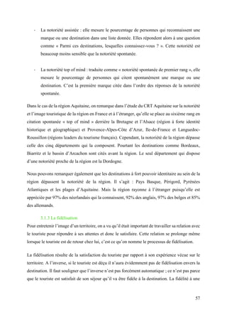 57
- La notoriété assistée : elle mesure le pourcentage de personnes qui reconnaissent une
marque ou une destination dans une liste donnée. Elles répondent alors à une question
comme « Parmi ces destinations, lesquelles connaissez-vous ? ». Cette notoriété est
beaucoup moins sensible que la notoriété spontanée.
- La notoriété top of mind : traduite comme « notoriété spontanée de premier rang », elle
mesure le pourcentage de personnes qui citent spontanément une marque ou une
destination. C’est la première marque citée dans l’ordre des réponses de la notoriété
spontanée.
Dans le cas de la région Aquitaine, on remarque dans l’étude du CRT Aquitaine sur la notoriété
et l’image touristique de la région en France et à l’étranger, qu’elle se place au sixième rang en
citation spontanée « top of mind » derrière la Bretagne et l’Alsace (région à forte identité
historique et géographique) et Provence-Alpes-Côte d’Azur, Ile-de-France et Languedoc-
Roussillon (régions leaders du tourisme français). Cependant, la notoriété de la région dépasse
celle des cinq départements qui la composent. Pourtant les destinations comme Bordeaux,
Biarritz et le bassin d’Arcachon sont cités avant la région. Le seul département qui dispose
d’une notoriété proche de la région est la Dordogne.
Nous pouvons remarquer également que les destinations à fort pouvoir identitaire au sein de la
région dépassent la notoriété de la région. Il s’agit : Pays Basque, Périgord, Pyrénées
Atlantiques et les plages d’Aquitaine. Mais la région rayonne à l’étranger puisqu’elle est
appréciée par 97% des néerlandais qui la connaissent, 92% des anglais, 97% des belges et 85%
des allemands.
3.1.3 La fidélisation
Pour entretenir l’image d’un territoire, on a vu qu’il était important de travailler sa relation avec
le touriste pour répondre à ses attentes et donc le satisfaire. Cette relation se prolonge même
lorsque le touriste est de retour chez lui, c’est ce qu’on nomme le processus de fidélisation.
La fidélisation résulte de la satisfaction du touriste par rapport à son expérience vécue sur le
territoire. A l’inverse, si le touriste est déçu il n’aura évidemment pas de fidélisation envers la
destination. Il faut souligner que l’inverse n’est pas forcément automatique ; ce n’est pas parce
que le touriste est satisfait de son séjour qu’il va être fidèle à la destination. La fidélité à une
 