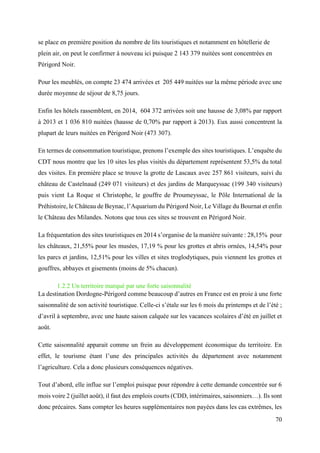70
se place en première position du nombre de lits touristiques et notamment en hôtellerie de
plein air, on peut le confirmer à nouveau ici puisque 2 143 379 nuitées sont concentrées en
Périgord Noir.
Pour les meublés, on compte 23 474 arrivées et 205 449 nuitées sur la même période avec une
durée moyenne de séjour de 8,75 jours.
Enfin les hôtels rassemblent, en 2014, 604 372 arrivées soit une hausse de 3,08% par rapport
à 2013 et 1 036 810 nuitées (hausse de 0,70% par rapport à 2013). Eux aussi concentrent la
plupart de leurs nuitées en Périgord Noir (473 307).
En termes de consommation touristique, prenons l’exemple des sites touristiques. L’enquête du
CDT nous montre que les 10 sites les plus visités du département représentent 53,5% du total
des visites. En première place se trouve la grotte de Lascaux avec 257 861 visiteurs, suivi du
château de Castelnaud (249 071 visiteurs) et des jardins de Marqueyssac (199 340 visiteurs)
puis vient La Roque st Christophe, le gouffre de Proumeyssac, le Pôle International de la
Préhistoire, le Château de Beynac, l’Aquarium du Périgord Noir, Le Village du Bournat et enfin
le Château des Milandes. Notons que tous ces sites se trouvent en Périgord Noir.
La fréquentation des sites touristiques en 2014 s’organise de la manière suivante : 28,15% pour
les châteaux, 21,55% pour les musées, 17,19 % pour les grottes et abris ornées, 14,54% pour
les parcs et jardins, 12,51% pour les villes et sites troglodytiques, puis viennent les grottes et
gouffres, abbayes et gisements (moins de 5% chacun).
1.2.2 Un territoire marqué par une forte saisonnalité
La destination Dordogne-Périgord comme beaucoup d’autres en France est en proie à une forte
saisonnalité de son activité touristique. Celle-ci s’étale sur les 6 mois du printemps et de l’été ;
d’avril à septembre, avec une haute saison calquée sur les vacances scolaires d’été en juillet et
août.
Cette saisonnalité apparait comme un frein au développement économique du territoire. En
effet, le tourisme étant l’une des principales activités du département avec notamment
l’agriculture. Cela a donc plusieurs conséquences négatives.
Tout d’abord, elle influe sur l’emploi puisque pour répondre à cette demande concentrée sur 6
mois voire 2 (juillet août), il faut des emplois courts (CDD, intérimaires, saisonniers…). Ils sont
donc précaires. Sans compter les heures supplémentaires non payées dans les cas extrêmes, les
 