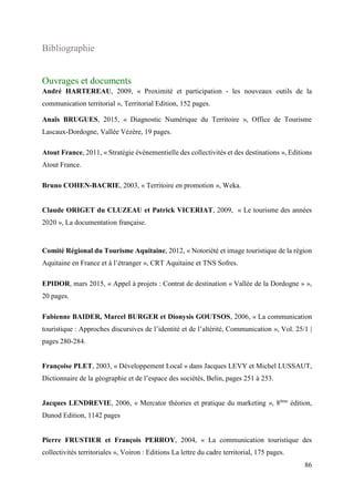 86
Bibliographie
Ouvrages et documents
André HARTEREAU, 2009, « Proximité et participation - les nouveaux outils de la
communication territorial », Territorial Edition, 152 pages.
Anaïs BRUGUES, 2015, « Diagnostic Numérique du Territoire », Office de Tourisme
Lascaux-Dordogne, Vallée Vézère, 19 pages.
Atout France, 2011, « Stratégie évènementielle des collectivités et des destinations », Editions
Atout France.
Bruno COHEN-BACRIE, 2003, « Territoire en promotion », Weka.
Claude ORIGET du CLUZEAU et Patrick VICERIAT, 2009, « Le tourisme des années
2020 », La documentation française.
Comité Régional du Tourisme Aquitaine, 2012, « Notoriété et image touristique de la région
Aquitaine en France et à l’étranger », CRT Aquitaine et TNS Sofres.
EPIDOR, mars 2015, « Appel à projets : Contrat de destination « Vallée de la Dordogne » »,
20 pages.
Fabienne BAIDER, Marcel BURGER et Dionysis GOUTSOS, 2006, « La communication
touristique : Approches discursives de l’identité et de l’altérité, Communication », Vol. 25/1 |
pages 280-284.
Françoise PLET, 2003, « Développement Local » dans Jacques LEVY et Michel LUSSAUT,
Dictionnaire de la géographie et de l’espace des sociétés, Belin, pages 251 à 253.
Jacques LENDREVIE, 2006, « Mercator théories et pratique du marketing », 8ème
édition,
Dunod Edition, 1142 pages
Pierre FRUSTIER et François PERROY, 2004, « La communication touristique des
collectivités territoriales », Voiron : Editions La lettre du cadre territorial, 175 pages.
 