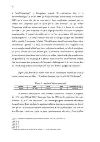 18 
à Paris/Périphérique42 et Europalaces possède 90 exploitations dont 41 à 
Paris/Périphérique43. C’est en 2000, qu’on découvre cette offre illimitée avec le circuit 
UGC, qui a connu très vite un grand succès. Leurs multiplexes constatent que ces 
entrées sont composées pour un quart par la carte illimitée44. Ce qui montre 
l’importance vitale des abonnements pour le circuit. Grâce à la fusion de cette offre 
avec MK2, UGC peut diversifier son offre de programmation, mais aussi récupérer un 
nouveau public. A contrario, les adhérents à « Le Pass » représentent 10% des entrées 
pour Europalaces45. Les cartes illimitées pour eux ne sont pas une part très importante 
de leur marché. À savoir que l’effet de l’illimité instaure dans l’imaginaire du spectateur 
une notion de « gratuité », et de ce fait, il devient consommateur. Il va « dépenser » son 
argent non plus dans l’achat d’une place, mais dans la confiserie qu’offre le multiplexe. 
Ce qui va enrichir ces salles. D’autre part, le spectateur-consommateur va également 
drainer ses amis, étant donné que le cinéma est un lieu culturel où le plus grand nombre 
de spectateurs y vont en groupe. Ces derniers vont souscrire à un abonnement illimité. 
Ces formules ont donc pour objectif d’augmenter la fréquentation des spectateurs dans 
les circuits et de les faire consommer aussi bien plus de films que plus de confiseries. 
Depuis 2001, le total des entrées faites par les abonnements illimités ne cesse de 
croitre en atteignant, en 2006, 11,7 millions d’entrées avec environ 280 000 abonnés46. 
Figure 1 : nombre d’abonnement actif 
Le nombre d’adhésions aux cartes illimitées, tous circuits confondus, a progressé 
de 18 % entre 2000 et 200647. Selon une étude du CNC, sur les spectateurs de cartes 
illimitées, 92,4 %48 sont des assidus49 ; ils viennent plus pour consommer un film que 
des confiseries. Pour satisfaire le spectateur-adhérent dans sa consommation du film, il 
faut que les circuits divertissent leur programmation. C’est de pourquoi ils vont s’ouvrir 
à un film peu exposé, une reprise ou à une cinématographie alternative. Cette stratégie 
42 CNC, L’Économie des abonnements a entrées illimitées au cinéma, Paris, CNC, avril 2008, p. 22. 
43 Ibidem 
44 Ibid., p. 46. 
45 Ibid., p. 47. 
46 Ibid., p. 9. 
47 Ibid., p. 23. 
48 Ibid., p. 33. 
49 Un spectateur assidu est une personne qui va au moins 3 à 4 fois au cinéma dans le mois. 
 