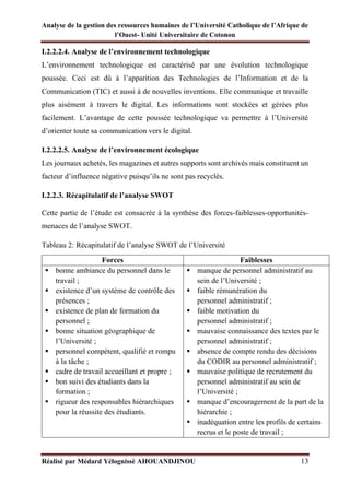 Analyse de la gestion des ressources humaines de l’Université Catholique de l’Afrique de
l’Ouest- Unité Universitaire de Cotonou
Réalisé par Médard Yélognissè AHOUANDJINOU 13
I.2.2.2.4. Analyse de l’environnement technologique
L’environnement technologique est caractérisé par une évolution technologique
poussée. Ceci est dû à l’apparition des Technologies de l’Information et de la
Communication (TIC) et aussi à de nouvelles inventions. Elle communique et travaille
plus aisément à travers le digital. Les informations sont stockées et gérées plus
facilement. L’avantage de cette poussée technologique va permettre à l’Université
d’orienter toute sa communication vers le digital.
I.2.2.2.5. Analyse de l’environnement écologique
Les journaux achetés, les magazines et autres supports sont archivés mais constituent un
facteur d’influence négative puisqu’ils ne sont pas recyclés.
I.2.2.3. Récapitulatif de l’analyse SWOT
Cette partie de l’étude est consacrée à la synthèse des forces-faiblesses-opportunités-
menaces de l’analyse SWOT.
Tableau 2: Récapitulatif de l’analyse SWOT de l’Université
Forces Faiblesses
▪ bonne ambiance du personnel dans le
travail ;
▪ existence d’un système de contrôle des
présences ;
▪ existence de plan de formation du
personnel ;
▪ bonne situation géographique de
l’Université ;
▪ personnel compétent, qualifié et rompu
à la tâche ;
▪ cadre de travail accueillant et propre ;
▪ bon suivi des étudiants dans la
formation ;
▪ rigueur des responsables hiérarchiques
pour la réussite des étudiants.
▪ manque de personnel administratif au
sein de l’Université ;
▪ faible rémunération du
personnel administratif ;
▪ faible motivation du
personnel administratif ;
▪ mauvaise connaissance des textes par le
personnel administratif ;
▪ absence de compte rendu des décisions
du CODIR au personnel administratif ;
▪ mauvaise politique de recrutement du
personnel administratif au sein de
l’Université ;
▪ manque d’encouragement de la part de la
hiérarchie ;
▪ inadéquation entre les profils de certains
recrus et le poste de travail ;
 