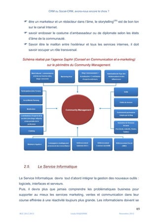 CRM ou Social-CRM, avons-nous encore le choix ?	
   	
  
	
  
	
  M2C	
  2012	
  2013	
   Linda	
  DUQUENNE	
   Novembre	
  2013	
  
49	
  
F être un marketeur et un rédacteur dans l’âme, le storytelling(28)
est de bon ton
sur le canal Internet.
F savoir endosser le costume d’ambassadeur ou de diplomate selon les états
d’âme de la communauté.
F Savoir être le maillon entre l’extérieur et tous les services internes, il doit
savoir occuper un rôle transversal.
Schéma réalisé par l’agence Saphir (Conseil en Communication et e-marketing)
sur le périmètre du Community Management.
2.5. Le Service Informatique
Le Service Informatique devra tout d’abord intégrer la gestion des nouveaux outils :
logiciels, interfaces et serveurs.
Puis, il devra plus que jamais comprendre les problématiques business pour
supporter au mieux les services marketing, ventes et communication dans leur
course effrénée à une réactivité toujours plus grande. Les informaticiens doivent se
 