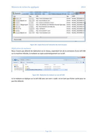 Mémoire de recherche appliquée 2014
Page 106
Figure 105 - Copie d’écran de l’extraction des mots de passe
Réplication du malware
Nous n’avons pas détecté de réplication via le réseau, cependant lors de la connexion d’une clef USB
sur la machine infectée, le malware se copie automatiquement sur la clef.
Figure 106 - Réplication du malware sur une clef USB
Ici le malware se réplique sur la clef USB avec son nom « codé » et en tant que fichier caché pour ne
pas être détecté.
 