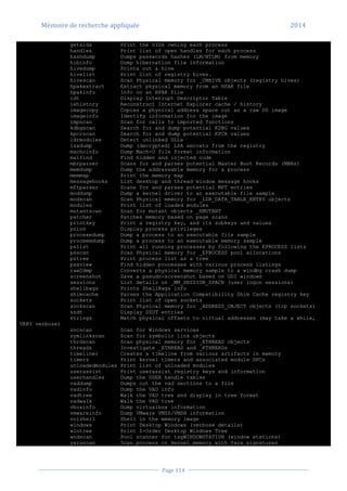 Mémoire de recherche appliquée 2014
Page 114
getsids Print the SIDs owning each process
handles Print list of open handles for each process
hashdump Dumps passwords hashes (LM/NTLM) from memory
hibinfo Dump hibernation file information
hivedump Prints out a hive
hivelist Print list of registry hives.
hivescan Scan Physical memory for _CMHIVE objects (registry hives)
hpakextract Extract physical memory from an HPAK file
hpakinfo Info on an HPAK file
idt Display Interrupt Descriptor Table
iehistory Reconstruct Internet Explorer cache / history
imagecopy Copies a physical address space out as a raw DD image
imageinfo Identify information for the image
impscan Scan for calls to imported functions
kdbgscan Search for and dump potential KDBG values
kpcrscan Search for and dump potential KPCR values
ldrmodules Detect unlinked DLLs
lsadump Dump (decrypted) LSA secrets from the registry
machoinfo Dump Mach-O file format information
malfind Find hidden and injected code
mbrparser Scans for and parses potential Master Boot Records (MBRs)
memdump Dump the addressable memory for a process
memmap Print the memory map
messagehooks List desktop and thread window message hooks
mftparser Scans for and parses potential MFT entries
moddump Dump a kernel driver to an executable file sample
modscan Scan Physical memory for _LDR_DATA_TABLE_ENTRY objects
modules Print list of loaded modules
mutantscan Scan for mutant objects _KMUTANT
patcher Patches memory based on page scans
printkey Print a registry key, and its subkeys and values
privs Display process privileges
procexedump Dump a process to an executable file sample
procmemdump Dump a process to an executable memory sample
pslist Print all running processes by following the EPROCESS lists
psscan Scan Physical memory for _EPROCESS pool allocations
pstree Print process list as a tree
psxview Find hidden processes with various process listings
raw2dmp Converts a physical memory sample to a windbg crash dump
screenshot Save a pseudo-screenshot based on GDI windows
sessions List details on _MM_SESSION_SPACE (user logon sessions)
shellbags Prints ShellBags info
shimcache Parses the Application Compatibility Shim Cache registry key
sockets Print list of open sockets
sockscan Scan Physical memory for _ADDRESS_OBJECT objects (tcp sockets)
ssdt Display SSDT entries
strings Match physical offsets to virtual addresses (may take a while,
VERY verbose)
svcscan Scan for Windows services
symlinkscan Scan for symbolic link objects
thrdscan Scan physical memory for _ETHREAD objects
threads Investigate _ETHREAD and _KTHREADs
timeliner Creates a timeline from various artifacts in memory
timers Print kernel timers and associated module DPCs
unloadedmodules Print list of unloaded modules
userassist Print userassist registry keys and information
userhandles Dump the USER handle tables
vaddump Dumps out the vad sections to a file
vadinfo Dump the VAD info
vadtree Walk the VAD tree and display in tree format
vadwalk Walk the VAD tree
vboxinfo Dump virtualbox information
vmwareinfo Dump VMware VMSS/VMSN information
volshell Shell in the memory image
windows Print Desktop Windows (verbose details)
wintree Print Z-Order Desktop Windows Tree
wndscan Pool scanner for tagWINDOWSTATION (window stations)
yarascan Scan process or kernel memory with Yara signatures
 