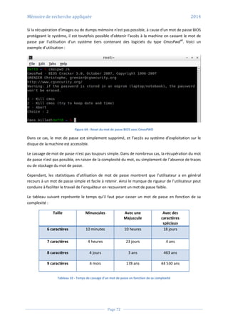 Mémoire de recherche appliquée 2014
Page 72
Si la récupération d’images ou de dumps mémoire n’est pas possible, à cause d’un mot de passe BIOS
protégeant le système, il est toutefois possible d’obtenir l’accès à la machine en cassant le mot de
passe par l’utilisation d’un système tiers contenant des logiciels du type CmosPwd40
. Voici un
exemple d’utilisation :
Figure 64 - Reset du mot de passe BIOS avec CmosPWD
Dans ce cas, le mot de passe est simplement supprimé, et l’accès au système d’exploitation sur le
disque de la machine est accessible.
Le cassage de mot de passe n’est pas toujours simple. Dans de nombreux cas, la récupération du mot
de passe n’est pas possible, en raison de la complexité du mot, ou simplement de l’absence de traces
ou de stockage du mot de passe.
Cependant, les statistiques d’utilisation de mot de passe montrent que l’utilisateur a en général
recours à un mot de passe simple et facile à retenir. Ainsi le manque de rigueur de l’utilisateur peut
conduire à faciliter le travail de l’enquêteur en recouvrant un mot de passe faible.
Le tableau suivant représente le temps qu’il faut pour casser un mot de passe en fonction de sa
complexité :
Taille Minuscules Avec une
Majuscule
Avec des
caractères
spéciaux
6 caractères 10 minutes 10 heures 18 jours
7 caractères 4 heures 23 jours 4 ans
8 caractères 4 jours 3 ans 463 ans
9 caractères 4 mois 178 ans 44 530 ans
Tableau 10 - Temps de cassage d’un mot de passe en fonction de sa complexité
 