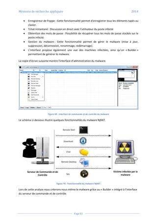 Mémoire de recherche appliquée 2014
Page 81
 Enregistreur de frappe : Cette fonctionnalité permet d’enregistrer tous les éléments tapés au
clavier.
 Tchat instantané : Discussion en direct avec l’utilisateur du poste infecté
 Obtention des mots de passe : Possibilité de récupérer tous les mots de passe stockés sur le
poste infecté.
 Gestion du malware : Cette fonctionnalité permet de gérer le malware (mise à jour,
suppression, déconnexion, renommage, redémarrage).
 L’interface propose également une vue des machines infectées, ainsi qu’un « Builder »
permettant de générer le malware.
La copie d’écran suivante montre l’interface d’administration du malware.
Figure 69 - Interface de commande et de contrôle du malware
Le schéma ci-dessous illustre quelques fonctionnalités du malware NjRAT.
Figure 70 - Fonctionnalité du malware NjRAT
Lors de cette analyse nous créerons nous-même le malware grâce au « Builder » intégré à l’interface
du serveur de commande et de contrôle.
 