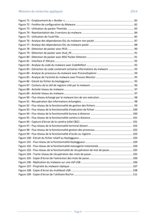 Mémoire de recherche appliquée 2014
Page 8
Figure 71 - Emplacement du « Builder »............................................................................................... 82
Figure 72 - Fenêtre de configuration du Malware ................................................................................ 82
Figure 73 - Utilisation du packer Themida ............................................................................................ 83
Figure 74 - Représentation des 3 versions du malware........................................................................ 84
Figure 75 - Utilisation de l’outil file ....................................................................................................... 85
Figure 76 - Analyse des dépendances DLL du malware non packé....................................................... 87
Figure 77 - Analyse des dépendances DLL du malware packé.............................................................. 88
Figure 78 - Détection de packer avec PEiD............................................................................................ 90
Figure 79 - Détection de packer avec Stud_PE...................................................................................... 91
Figure 80 - Détection de packer avec RDG Packer Detector................................................................. 91
Figure 81 - Interface d' IDA pro ............................................................................................................. 92
Figure 82 - Analyse du code du malware avec CodeReflect ................................................................. 92
Figure 83 - Extraction du code contenant certaines informations du malware ................................... 93
Figure 84 - Analyse du processus du malware avec ProcessExplorer................................................... 94
Figure 85 - Analyse de l’activité du malware avec Process Monitor..................................................... 95
Figure 86 - Extrait du fichier du keyloggueur ........................................................................................ 95
Figure 87 - Contenu de la clef de registre créé par le malware ............................................................ 96
Figure 88 - Activité réseau du malware................................................................................................. 97
Figure 89 - Activité réseau du malware................................................................................................. 97
Figure 90 - Flux réseau échangé par le malware lors de son exécution ............................................... 98
Figure 91 - Récupération des informations échangées......................................................................... 98
Figure 92 - Flux réseau de la fonctionnalité de gestion des fichiers ..................................................... 99
Figure 93 - Flux réseau de la fonctionnalité d’exécution de fichier .................................................... 100
Figure 94 - Flux réseau de la fonctionnalité bureau à distance .......................................................... 100
Figure 95 - Flux réseau de la fonctionnalité caméra à distance.......................................................... 101
Figure 96 - Capture d’écran de la caméra (côté C&C)......................................................................... 101
Figure 97 - Flux réseau de la fonctionnalité terminal distant ............................................................. 102
Figure 98 - Flux réseau de la fonctionnalité gestion des processus.................................................... 102
Figure 99 - Flux réseau de la fonctionnalité d’accès au registre......................................................... 103
Figure 100 - Extrait du fichier relatif au Keyloggueur.......................................................................... 103
Figure 101 - Flux réseau de la fonctionnalité Keyloggueur................................................................. 104
Figure 102 - Flux réseau de la fonctionnalité messagerie instantanée............................................... 104
Figure 103 - Flux réseau de la fonctionnalité de récupération de mot de passe................................ 105
Figure 104 - Trame réseau de récupération des mots de passe......................................................... 105
Figure 105 - Copie d’écran de l’extraction des mots de passe............................................................ 106
Figure 106 - Réplication du malware sur une clef USB ....................................................................... 106
Figure 107 - Propriété du malware répliqué....................................................................................... 107
Figure 108 - Copie d’écran du multiboot USB..................................................................................... 108
Figure 109 - Copie d’écran de l’utilitaire RocFor................................................................................. 111
 