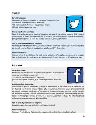 40
Twitter
Caractéristiques :
Réseau social de micro blogging et partage d’événements live
317 millions d’utilisateurs act...
