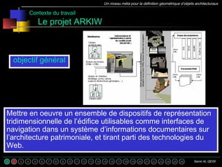 1 2 3 4 5 6 7 8 9 10 11 12 13 14 15
Un niveau méta pour la définition géométrique d’objets architecturaux
16 17 18 19 20 21 22 23 24 25 26 Samir AL QEISI
Mettre en oeuvre un ensemble de dispositifs de représentation
tridimensionnelle de l’édifice utilisables comme interfaces de
navigation dans un système d’informations documentaires sur
l’architecture patrimoniale, et tirant parti des technologies du
Web.
objectif général
Contexte du travail
Le projet ARKIW
 