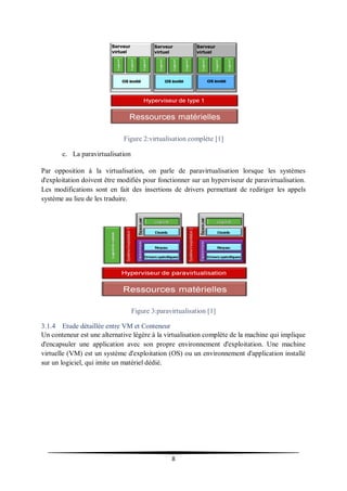 8
Figure 2:virtualisation complète [1]
c. La paravirtualisation
Par opposition à la virtualisation, on parle de paravirtualisation lorsque les systèmes
d'exploitation doivent être modifiés pour fonctionner sur un hyperviseur de paravirtualisation.
Les modifications sont en fait des insertions de drivers permettant de rediriger les appels
système au lieu de les traduire.
Figure 3:paravirtualisation [1]
3.1.4 Etude détaillée entre VM et Conteneur
Un conteneur est une alternative légère à la virtualisation complète de la machine qui implique
d'encapsuler une application avec son propre environnement d'exploitation. Une machine
virtuelle (VM) est un système d'exploitation (OS) ou un environnement d'application installé
sur un logiciel, qui imite un matériel dédié.
 