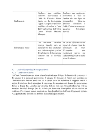 11
Déploiement
Déployez des machines
virtuelles individuelles à
l’aide de Windows Admin
Center ou du Gestionnaire
Hyper-V ; déployez plusieurs
machines virtuelles à l’aide
de PowerShell ou de System
Center Virtual Machine
Manager.
Déployez des conteneurs
individuels à l’aide de
Docker via une ligne de
commande ; déployez
plusieurs conteneurs à
l’aide d’un orchestrateur tel
qu'Azure Kubernetes
Service.
Tolérance de panne
Les machines virtuelles
peuvent basculer vers un
autre serveur dans un cluster,
avec redémarrage du système
d’exploitation de la machine
virtuelle sur le nouveau
serveur.
En cas de défaillance d’un
nœud de cluster, tous les
conteneurs en cours
d’exécution sont
rapidement recréés par
l’orchestrateur sur un autre
nœud de cluster.
3.2 Le cloud computing : Concepts et Défis
3.2.1 Définition du cloud
Le Cloud Computing est un terme général employé pour désigner la livraison de ressources et
de services à la demande par internet. Il désigne le stockage et l’accès aux données par
l’intermédiaire d’internet plutôt que via le disque dur d’un ordinateur. Il s’oppose ainsi à la
notion de stockage local, consistant à entreposer des données ou à lancer des programmes
depuis le disque dur. La notion de Cloud ne doit pas non plus être confondue avec celle du
Network Attached Storage (NAS), utilisée par beaucoup d’entreprises via un serveur en
résidence. Ces réseaux locaux n’entrent pas dans la définition du Cloud. Cependant, certains
NAS permettent d’accéder aux données à distance depuis Internet.
 