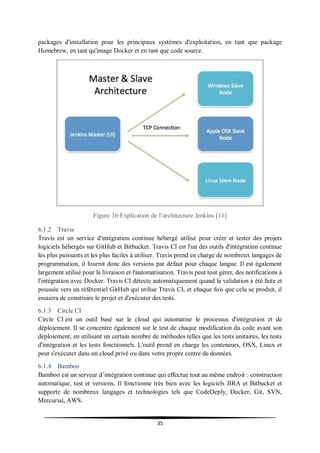 35
packages d'installation pour les principaux systèmes d'exploitation, en tant que package
Homebrew, en tant qu'image Docker et en tant que code source.
Figure 16:Explication de l’architecture Jenkins [11]
6.1.2 Travis
Travis est un service d'intégration continue hébergé utilisé pour créer et tester des projets
logiciels hébergés sur GitHub et Bitbucket. Travis CI est l'un des outils d'intégration continue
les plus puissants et les plus faciles à utiliser. Travis prend en charge de nombreux langages de
programmation, il fournit donc des versions par défaut pour chaque langue. Il est également
largement utilisé pour la livraison et l'automatisation. Travis peut tout gérer, des notifications à
l'intégration avec Docker. Travis CI détecte automatiquement quand la validation a été faite et
poussée vers un référentiel GitHub qui utilise Travis CI, et chaque fois que cela se produit, il
essaiera de construire le projet et d'exécuter des tests.
6.1.3 Circle CI
Circle CI est un outil basé sur le cloud qui automatise le processus d'intégration et de
déploiement. Il se concentre également sur le test de chaque modification du code avant son
déploiement, en utilisant un certain nombre de méthodes telles que les tests unitaires, les tests
d'intégration et les tests fonctionnels. L'outil prend en charge les conteneurs, OSX, Linux et
peut s'exécuter dans un cloud privé ou dans votre propre centre de données.
6.1.4 Bamboo
Bamboo est un serveur d’intégration continue qui effectue tout au même endroit : construction
automatique, test et versions. Il fonctionne très bien avec les logiciels JIRA et Bitbucket et
supporte de nombreux langages et technologies tels que CodeDeply, Ducker, Git, SVN,
Mercurial, AWS.
 