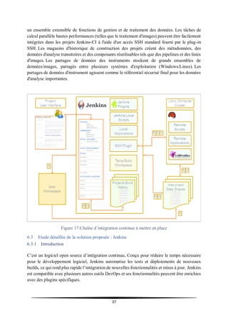 37
un ensemble extensible de fonctions de gestion et de traitement des données. Les tâches de
calcul parallèle hautes performances (telles que le traitement d'images) peuvent être facilement
intégrées dans les projets Jenkins-CI à l'aide d'un accès SSH standard fourni par le plug-in
SSH. Les magasins d'historique de construction des projets créent des métadonnées, des
données d'analyse transitoires et des composants réutilisables tels que des pipelines et des listes
d'images. Les partages de données des instruments stockent de grands ensembles de
données/images, partagés entre plusieurs systèmes d'exploitation (Windows/Linux). Les
partages de données d'instrument agissent comme le référentiel sécurisé final pour les données
d'analyse importantes.
Figure 17:Chaîne d’intégration continue à mettre en place
6.3 Etude détaillée de la solution proposée : Jenkins
6.3.1 Introduction
C’est un logiciel open source d’intégration continue. Conçu pour réduire le temps nécessaire
pour le développement logiciel, Jenkins automatise les tests et déploiements de nouveaux
builds, ce qui rend plus rapide l’intégration de nouvelles fonctionnalités et mises à jour. Jenkins
est compatible avec plusieurs autres outils DevOps et ses fonctionnalités peuvent être enrichies
avec des plugins spécifiques.
 