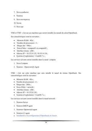 54
7. Nova-conductor
8. Neutron
9. Nova novncproxy
10. Novnc
11. Nova api
VM2 et VM3 : c'est sur ces machines que seront installés les nœuds de calcul OpenStack.
Ses caractéristiques sont les suivantes :
 Mémoire RAM : 4Go ;
 Nombre de processeurs : 2 ;
 Disque dur : 50Go ;
 Nom d’hôte = compute01 et compute02 ;
 Interface réseau : eth0 ;
 Adresse IP = 10.153.4.135, 10.153.4.136 ;
 Système d’exploitation = CentOS 7.x ;
Les services suivants seront installés dans le nœud compute
1. Nova Compute
2. Neutron – Openvswitch Agent
VM4 : c'est sur cette machine que sera installé le nœud de réseau OpenStack. Ses
caractéristiques sont les suivantes :
 Mémoire RAM : 4Go ;
 Nombre de processeurs : 2 ;
 Disque dur : 20Go ;
 Nom d’hôte = network ;
 Interface réseau : eth0 ;
 Adresse IP = 10.153.4.134 ;
 Système d’exploitation = CentOS 7.x ;
Les services suivants seront installés dans le nœud network :
1. Neutron Server
2. Neutron DHCP agent
3. Neutron- Openswitch agent
4. Neutron L3 agent
a. Installation et la configuration d’OpenStack en cluster.
 