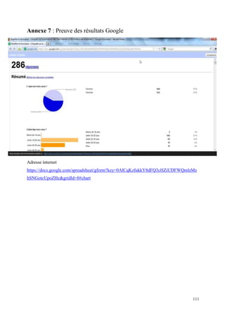 Annexe 7 : Preuve des résultats Google




Adresse internet
https://docs.google.com/spreadsheet/gform?key=0AlCqKzfukkY8dFQ3cHZiUDFWQmlsMz
hSNGotcUpoZHc&gridId=0#chart




                                                                           111
 