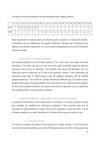 Le tableau ci-dessous récapitule le test des hypothèses pour chaque question.


      1 2 3       4 5 6 7 8 9 10 11 12 13 14 15 16 17 18 19 20 21 22 23

H1            X x x x x x x

H2                                     x    x    x    x     x   x    x    x    x    x     x   x    x        x


     Nous analyserons les réponses dans une troisième partie consacrée à l’analyse des résultats.
     L’importance lors de l’élaboration de ce guide d’entretien a été pour moi d’anticiper sur les
     réponses des entretiens quantitatifs, en vue de corréler les hypothèses et d’avoir les meilleures
     réponses possibles.



            La phase de test des enquêtes qualitatives
     Une enquête qualitative est de meilleure qualité si l’on a bien testé avant auprès d’un petit
     échantillon. C’est pour cela que j’ai voulu tester mon guide d’entretien auprès de plusieurs
     personnes avant d’avoir les entretiens. Tout d’abord, mon tuteur, Mr Maynadier, qui m’a
     donné des pistes de réflexions sur le sujet et les questions. Ensuite, 2 amis internautes qui
     connaissent assez bien le référencement m’ont fait quelques remarques afin de modifier
     quelques questions. C’est au bout de 3 guides d’entretiens différents que j’ai pu donc ensuite,
     modéliser mon guide d’entretien définitif. D’un autre point de vue, il peut être moins légitime
     de faire tester un guide d’entretien car je posais moi-même les questions et que ce guide peut
     être modifié pendant l’entretien selon les réponses.



            2. La phase de réalisation : Le déroulement des entretiens et les contextes
     Le contact des interviewés a été le même pour les 3 entretiens. J’ai envoyé un email à chacun
     pour expliquer les modalités de l’entretien et pourquoi il était important pour moi de
     rencontrer des professionnels du secteur. Pour tous les entretiens, j’ai pris des notes. A la fin
     de chaque entretien, je le tapais directement à l’ordinateur pour ne pas en perdre le sens.



                    2.1. Le premier entretien
     J’ai réalisé un entretien de groupe ou focus group avec l’équipe Hoyado. Le focus group est
     une forme d’enquête qualitative qui permet d’interroger plusieurs membres d’un groupe pour
                                                                                                       43
 