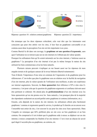 1%   9%
                                    oui                                                  forme
         34%                                                              24%
                      57%           non                                                  contenu
           9%                                               66%

                                    pas                                                  les deux
                                    forcément



Réponse- question 10 : relation contenu/graphisme           Réponse- question 22 : importance


On remarque que les deux réponses coïncident, cela veut dire que les internautes sont
conscients que pour être attirés vers les sites, il leur faut un graphisme convenable et un
contenu aussi donc la perception d’un site est très importante à ses yeux.
Comme Burriel le dit dans son ouvrage, le graphisme est une question d’ergonomie, sans
quoi l’utilisateur ne se retrouve pas sur un site internet et n’obtient pas de valeur ajoutée.
Pourquoi les utilisateurs bien qu’ils soient rationnels sur les sites internet, s’intéresse aussi au
graphisme ? La perception d’un site internet n’est pas la même lorsque la nature du site
utilisent les liens commerciaux et/ou les liens naturels.
       Plusieurs raisons peuvent s’expliquer en me basant aussi sur les réponses de mon
enquête terrain et de quelques auteurs de la revue littéraire (Burriel notamment) :
Tout d’abord, l’importance d’une mise en commun de l’ergonomie et du graphisme pour les
référenceurs. C’est-à-dire que plus le graphisme sera en relation avec la facilité de navigation
d’un site internet, plus la valeur ajoutée de l’utilisateur sera meilleure, et plus son expérience
sur internet augmentera. Souvent, les liens sponsorisés font référence à 92% à des sites E-
commerce, c’est pour cela que la question de graphisme-ergonomie et confiance doivent aussi
être pertinent et cohérent. On attend plus de professionnalisme d’un site internet avec les
liens sponsorisés qu’un site promu avec les liens naturels, c’est pourquoi plus de la majorité
des répondants souhaitent un accord parfait entre graphisme et contenu (information, etc.).
Ensuite, cela dépends de la nature du site internet, les utilisateurs allient plus facilement
graphisme / contenu et ergonomie quand le service, le produit qu’il cherche est en encore avec
l’ensemble tout entier du site, c’est souvent le cas pour les sites avec liens sponsorisés. Dans
l’enquête on remarque que 66% préfèrent plus un site avec un bon graphisme et un bon
contenu. On comprend et il est évident que le graphisme aide à mieux se déplacer sur un site
internet, à mieux comprendre les finalités d’un site internet. C’est à tout un chacun de savoir
quel degré il accorde plus au graphisme, au contenu, etc.


                                                                                                    68
 