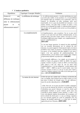  L’analyse qualitative
      Hypothèses           Typologie/ Concepts/ Modèle/                            Verbatims
Existe-t-il          une    La différence de technique    « Le référencement payant, c’est plus marketing avec une
                                                          accroche plus stable, et une position, il y a la possibilité
différence de technique                                   de remonter dans les résultats et les recherches. pour le
entre le référencement                                    naturel, la discipline est plus technique mais non
                                                          maitrisable, il n’y a pas de possibilité de remonter, c’est
payant        et      le                                  moins réactif, c’est plus long à mettre en place, c’est
                                                          gratuit et ça demande du temps. le référencement payant,
référencement naturel ?                                   on est plus sur la qualité d’un service ou d’un produit ».
                                                          HOYADO

                               La complémentarité         « Complémentaires, sans exception, l’un ne va pas sans
                                                          l’autre, si on veut avoir une bonne communication, on ne
                                                          peut pas faire l’un sans l’autre, après c’est sûr il y a des
                                                          techniques différentes pour chaque. oui, complémentaires
                                                          pareil, complémentaires »
                                                          HOYADO
                                                          « c’est une bonne question, le naturel est plus qualitatif
                                                          car on travaille directement sur le contenu du site
                                                          internet, et ça peut rapporter beaucoup de trafic en termes
                                                          de ROI si vous voulez. Le payant, c’est plus facile à mettre
                                                          en œuvre, et les résultats sont plus rapides à voir aussi.
                                                          Après c’est une question de professionnalisme, le
                                                          référencement c’est un métier à part entière donc chaque
                                                          professionnel défends sa profession. » O.BABIN
                                                          « la principale différence c’est simple, un est gratuit le
                                                          SEM et l’autre est gratuit le SEO. Le SEM c’est super
                                                          rapide à mettre en place, l’autre le SEO c’est beaucoup
                                                          plus long » ; « ah oui, alors là, oui les deux sont
                                                          complémentaires, c’est une obligation : on fait toujours du
                                                          SEO + SEM + SMO tu sais le social media, avec les
                                                          réseaux sociaux et tout ca. L’un ne va pas sans l’autre.
                                                          Après tu t’adaptes toujours à la cible et au client que ta en
                                                          face. » D.VAN EERDEWEGH

                             La nature du site internet   « bien sûr que oui, comme tout à l’heure, en fonction du
                                                          site, ça change, tout d’abord viser le trafic et puis ce n’est
                                                          pas pour le plaisir de Google aussi. Ce qui référence,
                                                          aussi ils ont des objectifs précis. » O.BABIN

                                                           « Oui, bien sûr, tu ne peux pas faire la même campagne
                                                          si tu as un site internet de services, ou de produits, tu ne
                                                          l’aborderas pas pareil. Souvent, ce sont les clients qui
                                                          demandent vraiment ce qu’ils veulent, après nous on
                                                          conseille le mieux adaptés à leurs attentes. » « Oui, c’est
                                                          vrai, cela dépend, toujours du produits, de la marques, et
                                                          de la volonté du client aussi. » « oui, ça change, regarde,
                                                          tu t’en souviens quand on a fait la campagne avec la
                                                          lingerie du football américain, ce n’était pas la même
                                                          approche qu’avec Paysans. »HOYADO


                                                                                                           75
 