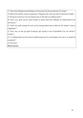 17. Faut-il être obligatoirement hébergé en France pour être bien positionné sur Google ?
18. Quel est le meilleur moyen d’augmenter la fréquence des visites du robot d’indexation Google ?
19. Pourquoi la structure d’un site internet joue un rôle dans son référencement ?
20. Selon vous, quels sont les autres bonnes ou moins mauvaises méthodes de référencement d’un
site internet ?
21. Selon vous quels seraient les tests sur les consommateurs pour évaluer un site internet ? pour se
l’approprier ?
22. Pour vous, en tant qu’expert d’internet, que signifie le mot d’utilisabilité d’un site internet ?
d’utilité ?
23. Le référencement est-il lié entre la qualité perçue par le consommateur d’un site et sa qualité de
conception ?
24. Ouverture.
Remerciements.




                                                                                                88
 